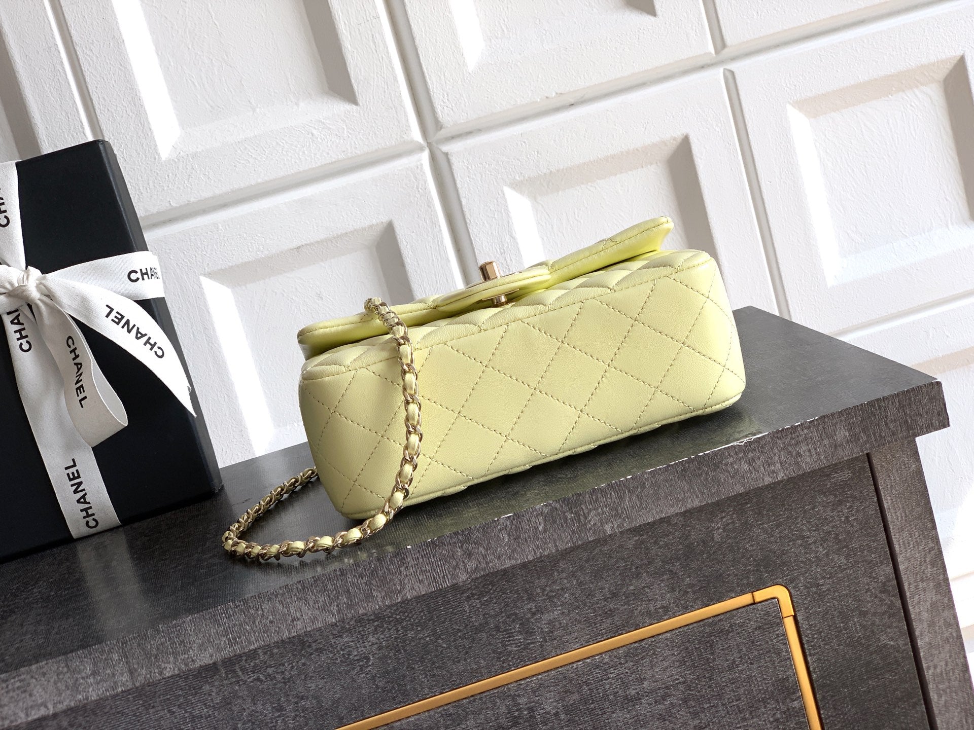Chanel 25K Coco Handle Mini CF — Butter Yellow Lambskin with Crystal Bow & Gold Hardware