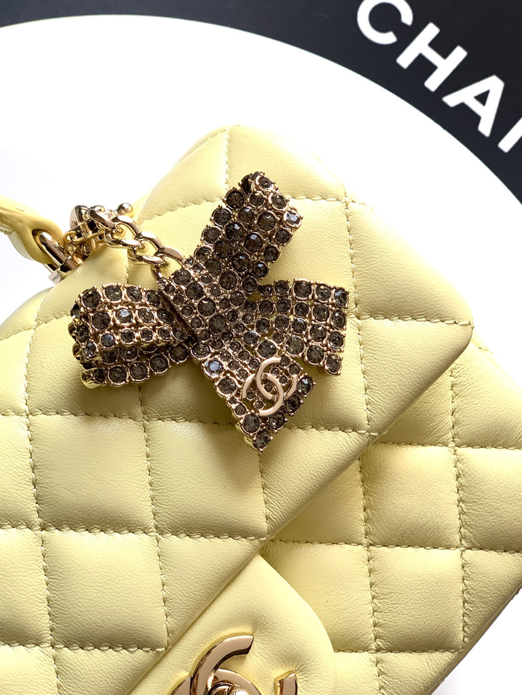 Chanel 25K Coco Handle Mini CF — Butter Yellow Lambskin with Crystal Bow & Gold Hardware