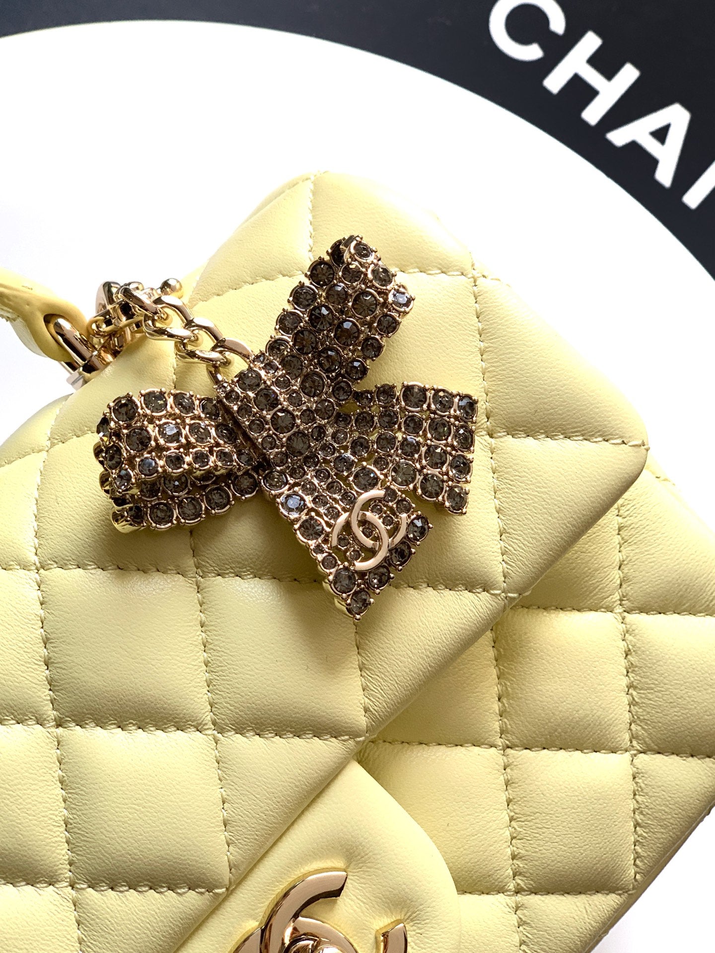 Chanel 25K Coco Handle Mini CF — Butter Yellow Lambskin with Crystal Bow & Gold Hardware