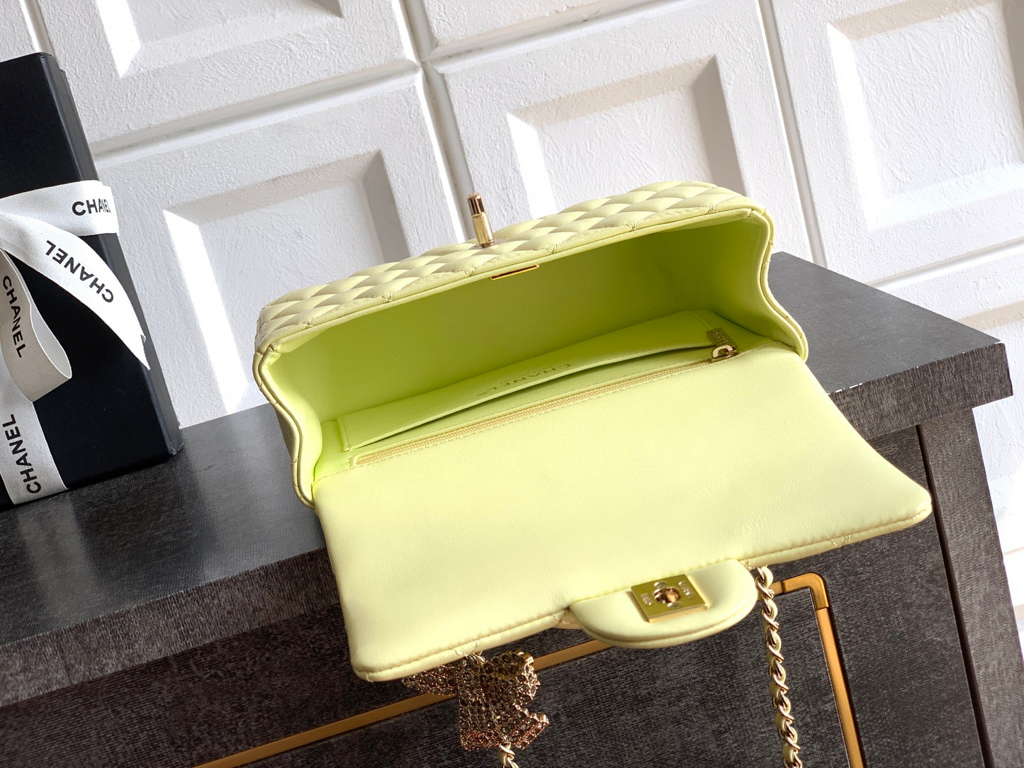 Chanel 25K Coco Handle Mini CF — Butter Yellow Lambskin with Crystal Bow & Gold Hardware