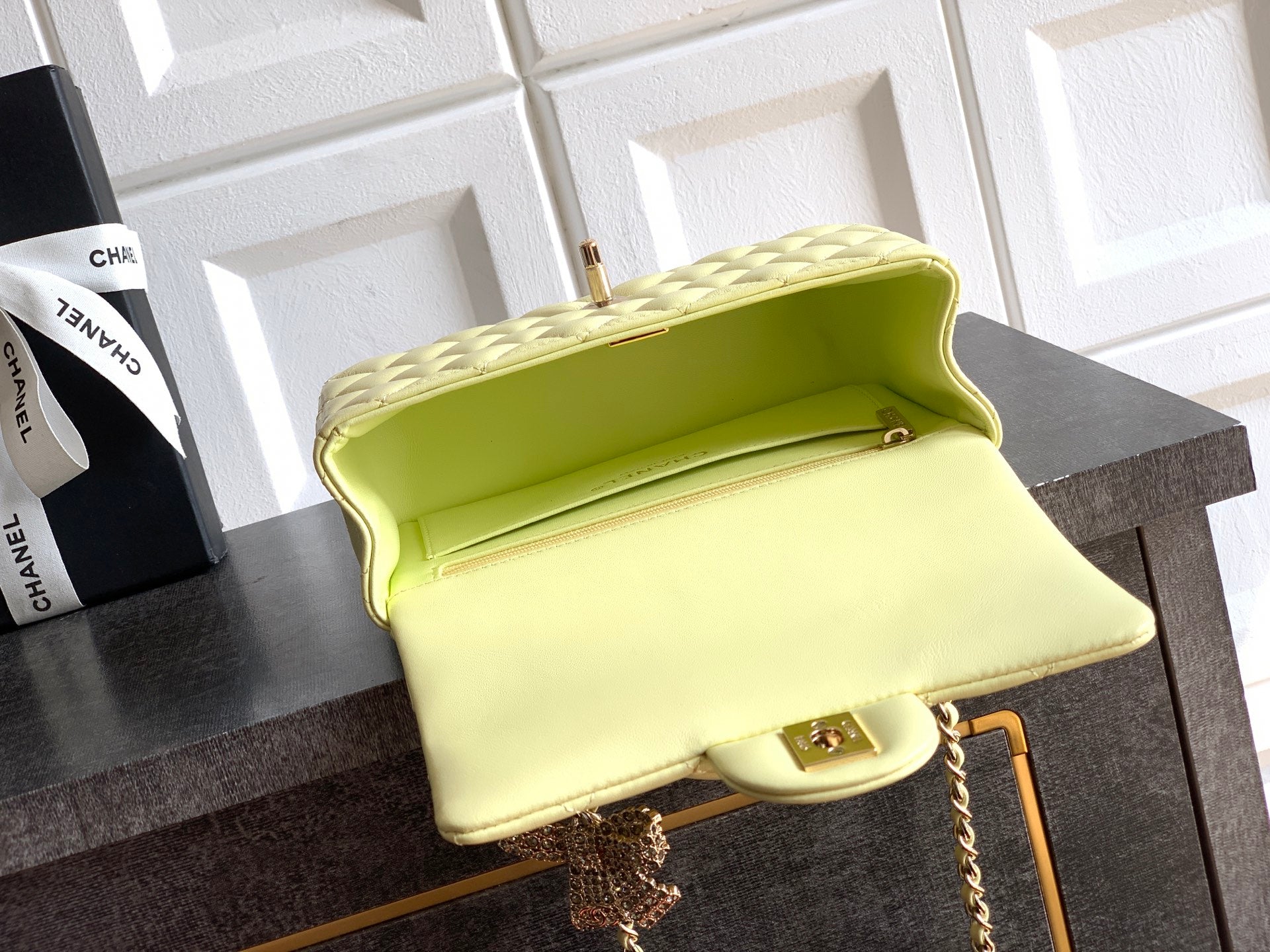 Chanel 25K Coco Handle Mini CF — Butter Yellow Lambskin with Crystal Bow & Gold Hardware