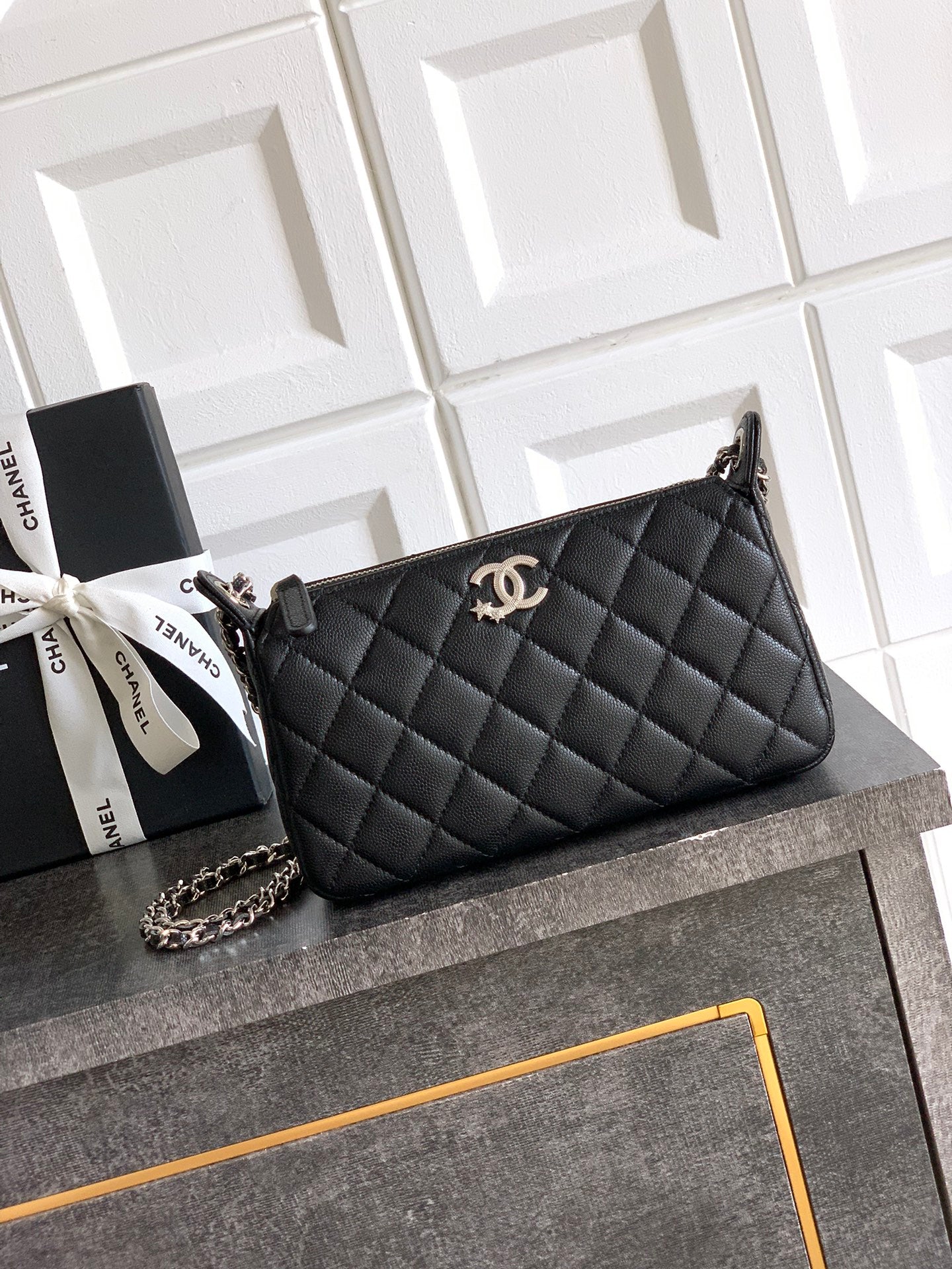 Chanel 25B Quilted Caviar Hobo Bag — Black with Crystal Star CC Logo & Silver Hardware