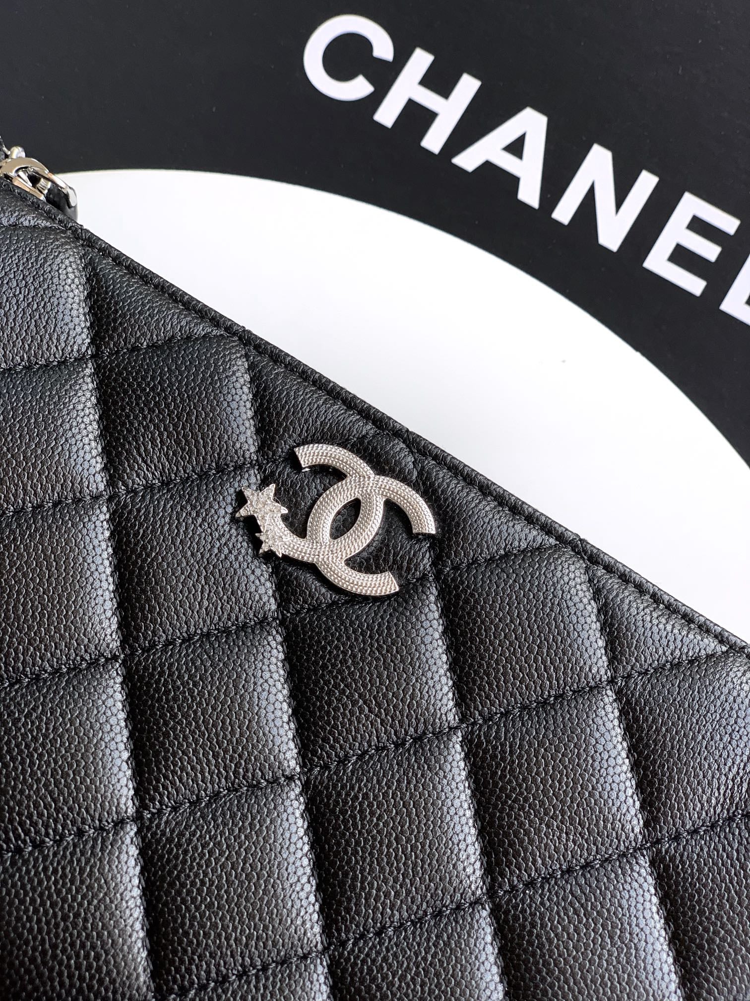 Chanel 25B Quilted Caviar Hobo Bag — Black with Crystal Star CC Logo & Silver Hardware