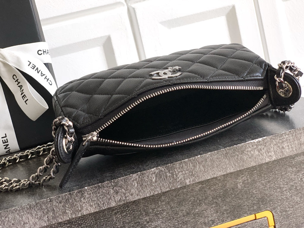 Chanel 25B Quilted Caviar Hobo Bag — Black with Crystal Star CC Logo & Silver Hardware