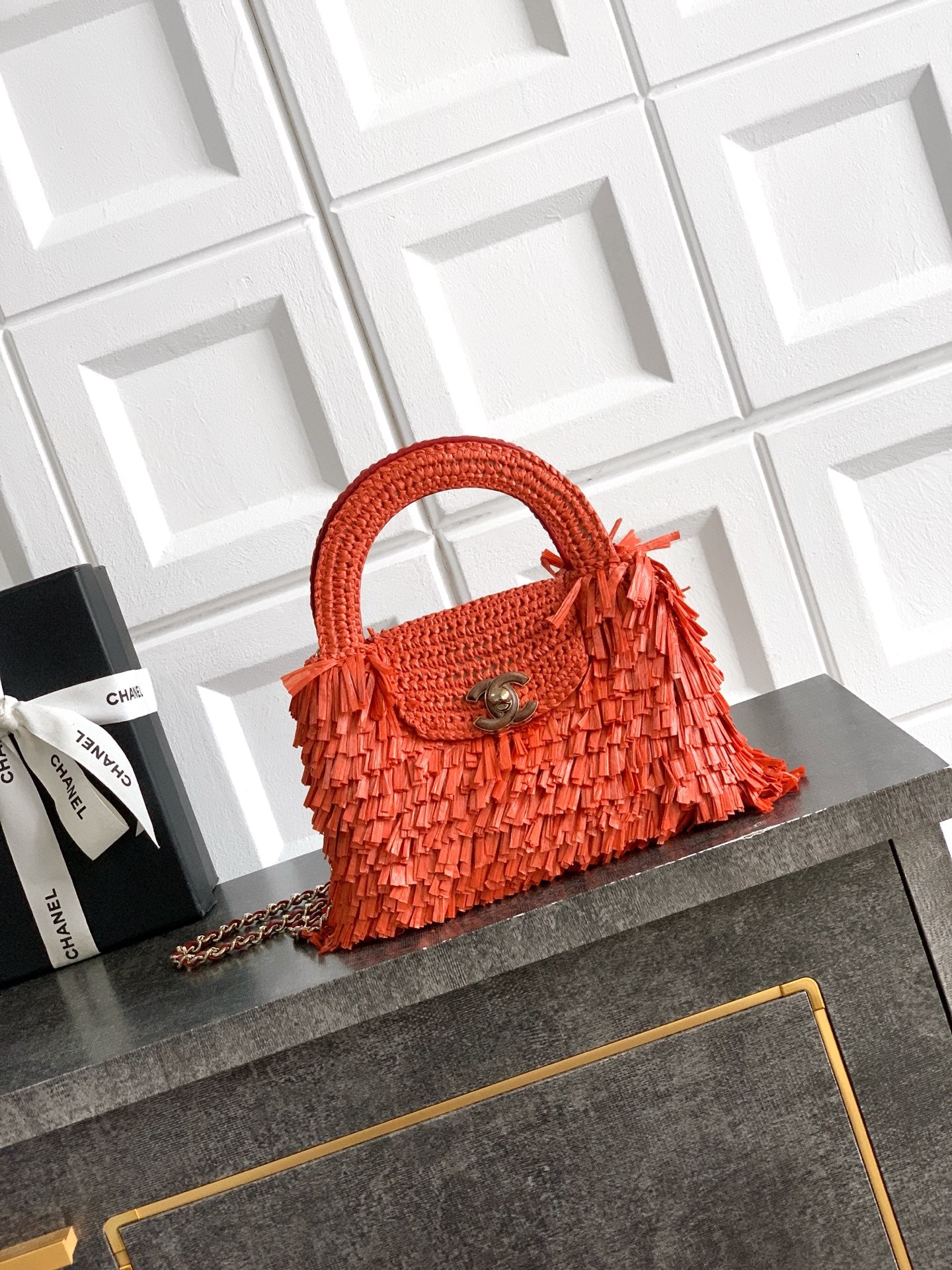 Chanel 26S Coral Orange Raffia Crochet Fringe Flap Bag with Top Handle & Aged Gold Hardware