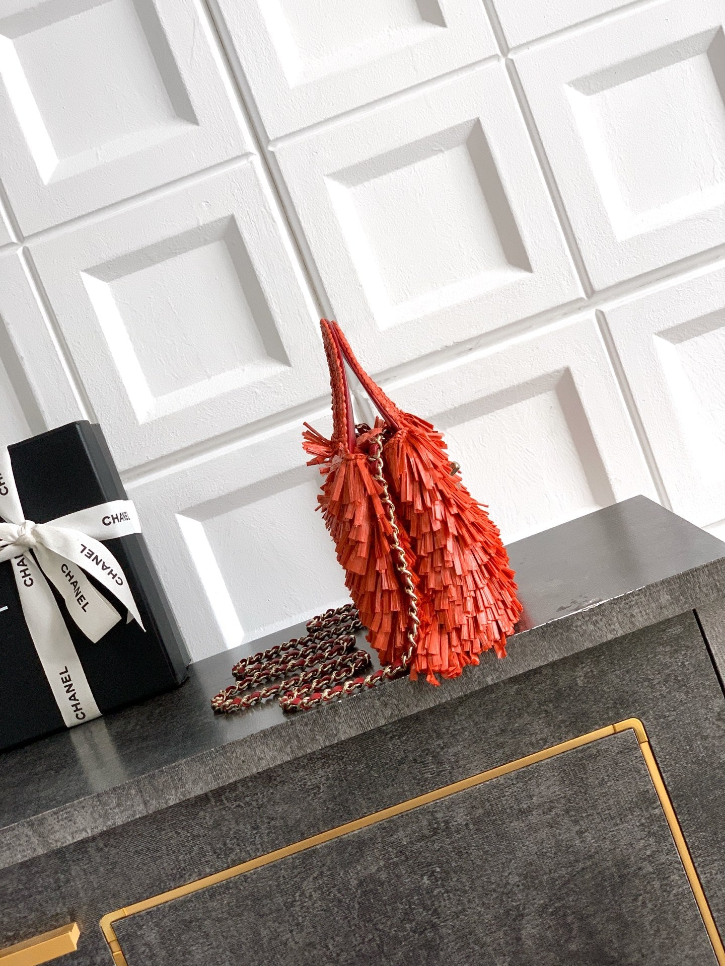 Chanel 26S Coral Orange Raffia Crochet Fringe Flap Bag with Top Handle & Aged Gold Hardware