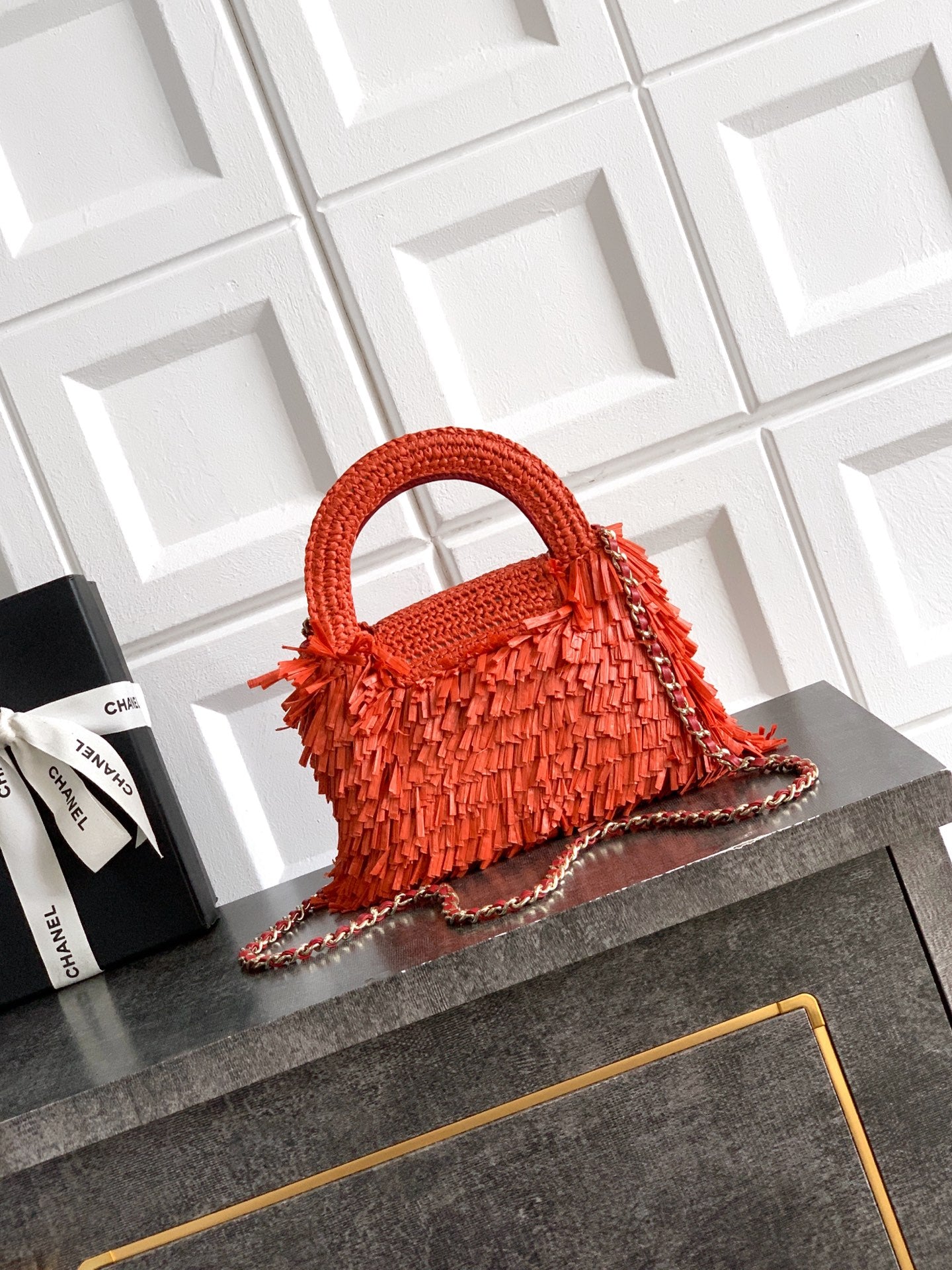 Chanel 26S Coral Orange Raffia Crochet Fringe Flap Bag with Top Handle & Aged Gold Hardware