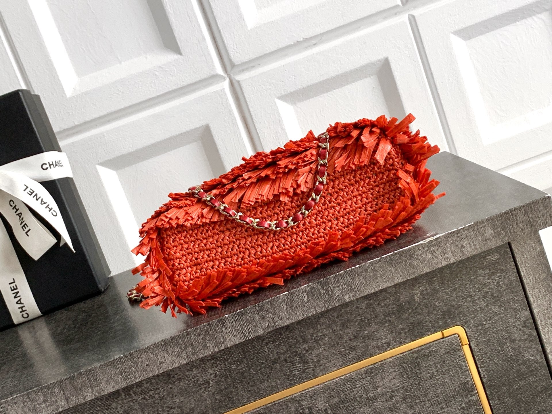Chanel 26S Coral Orange Raffia Crochet Fringe Flap Bag with Top Handle & Aged Gold Hardware