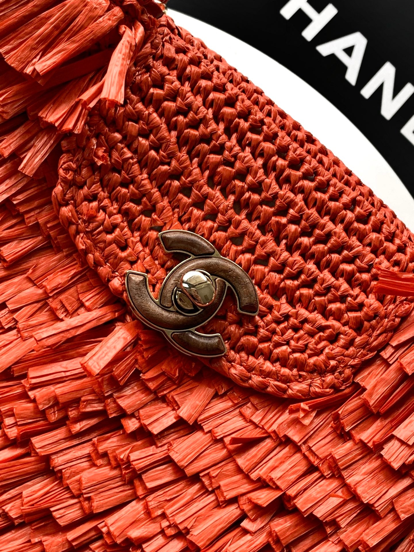Chanel 26S Coral Orange Raffia Crochet Fringe Flap Bag with Top Handle & Aged Gold Hardware
