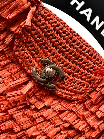 Chanel 26S Coral Orange Raffia Crochet Fringe Flap Bag with Top Handle & Aged Gold Hardware