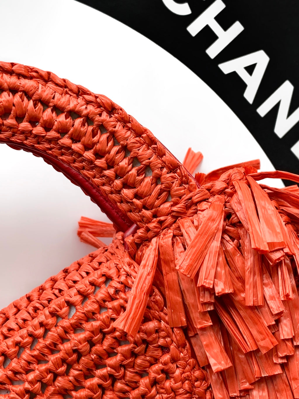 Chanel 26S Coral Orange Raffia Crochet Fringe Flap Bag with Top Handle & Aged Gold Hardware