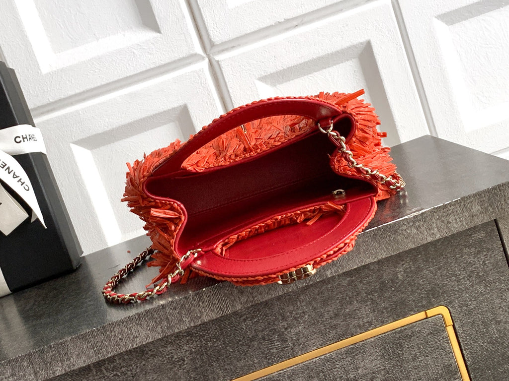Chanel 26S Coral Orange Raffia Crochet Fringe Flap Bag with Top Handle & Aged Gold Hardware