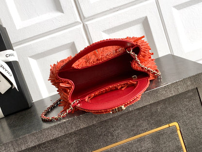 Chanel 26S Coral Orange Raffia Crochet Fringe Flap Bag with Top Handle & Aged Gold Hardware