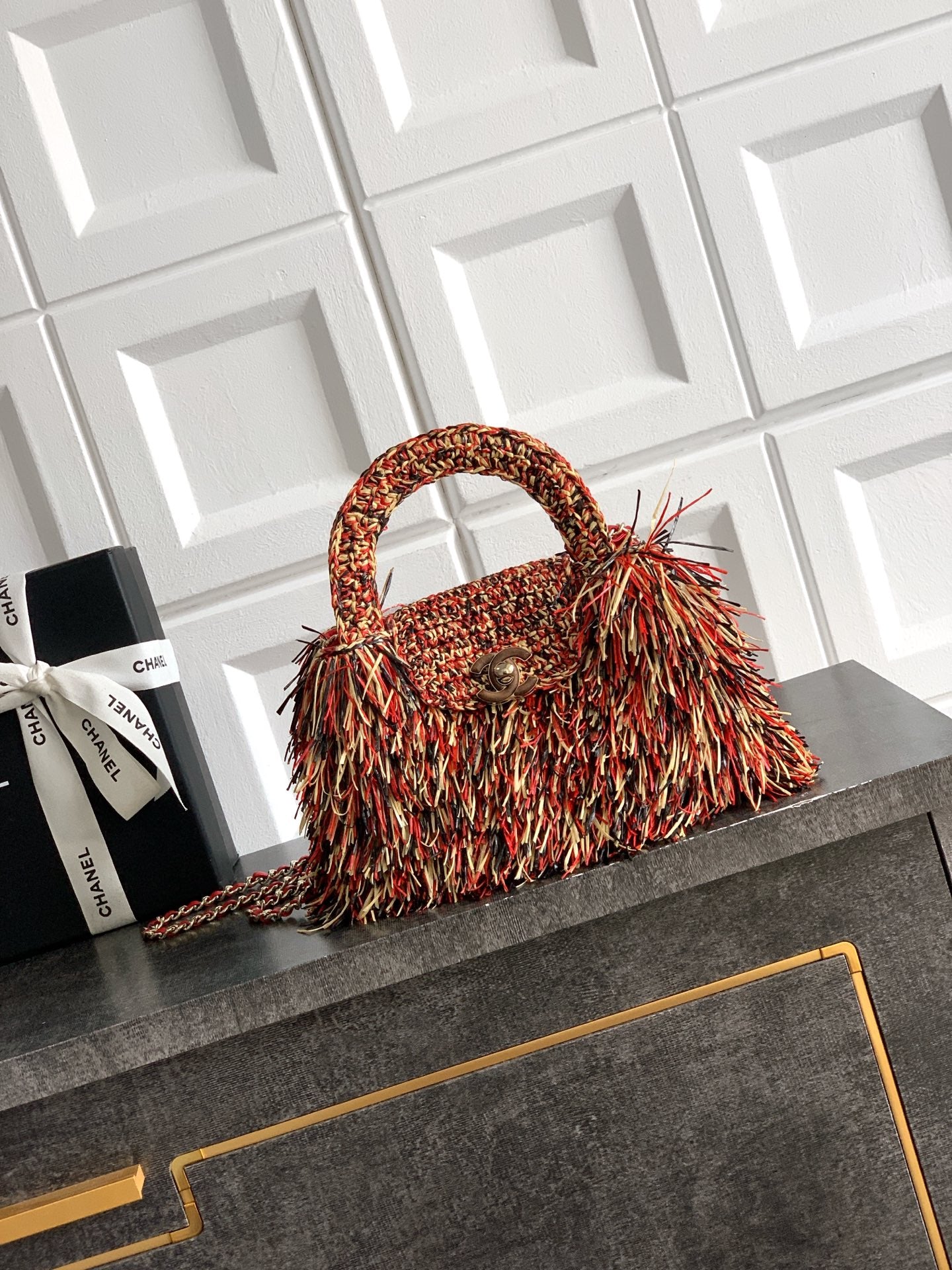 Chanel 26S Multicolor Raffia Crochet Fringe Flap Bag with Top Handle & Aged Gold Hardware