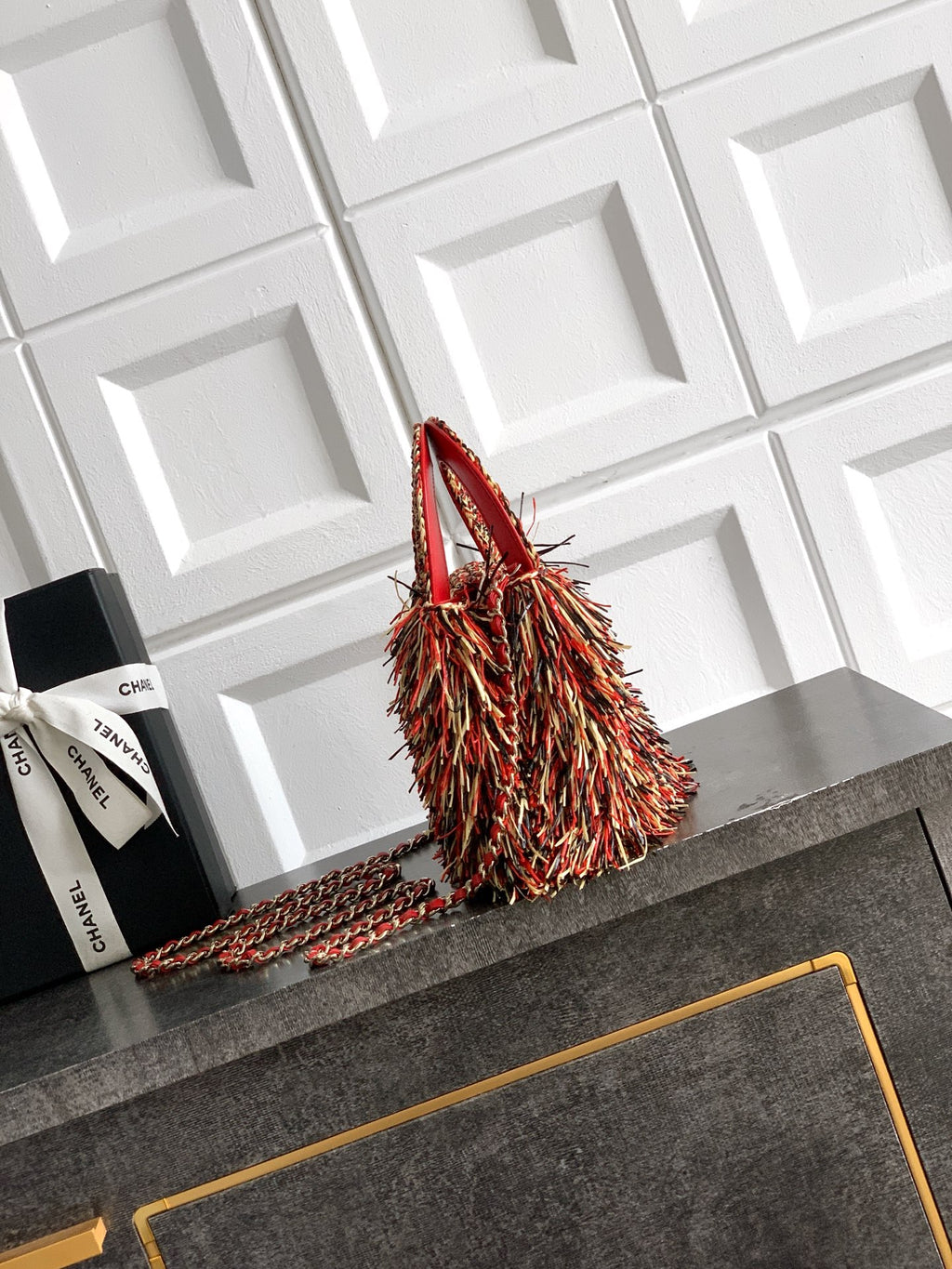 Chanel 26S Multicolor Raffia Crochet Fringe Flap Bag with Top Handle & Aged Gold Hardware