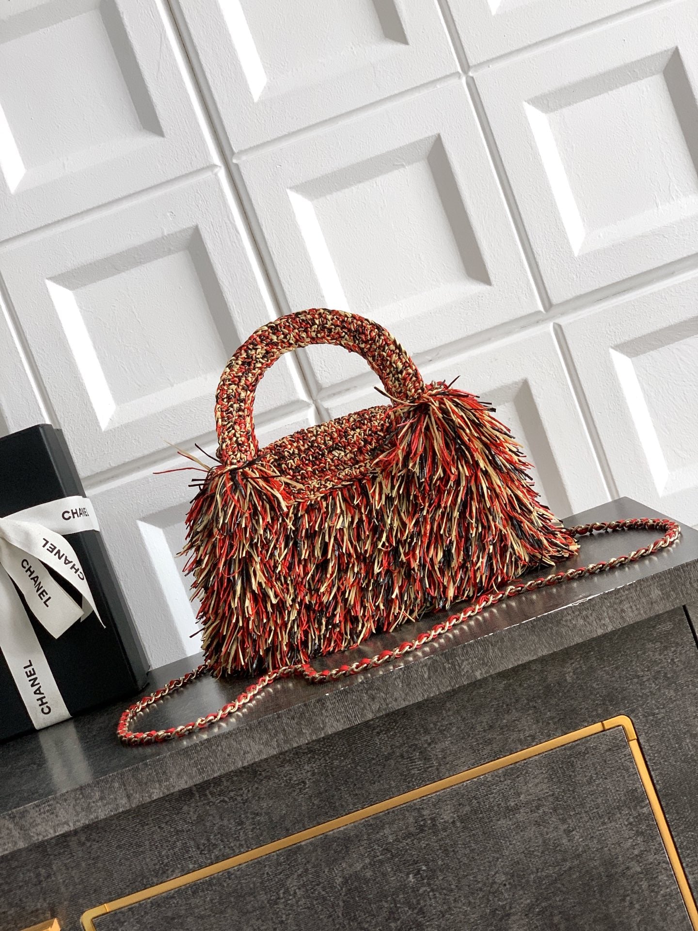 Chanel 26S Multicolor Raffia Crochet Fringe Flap Bag with Top Handle & Aged Gold Hardware