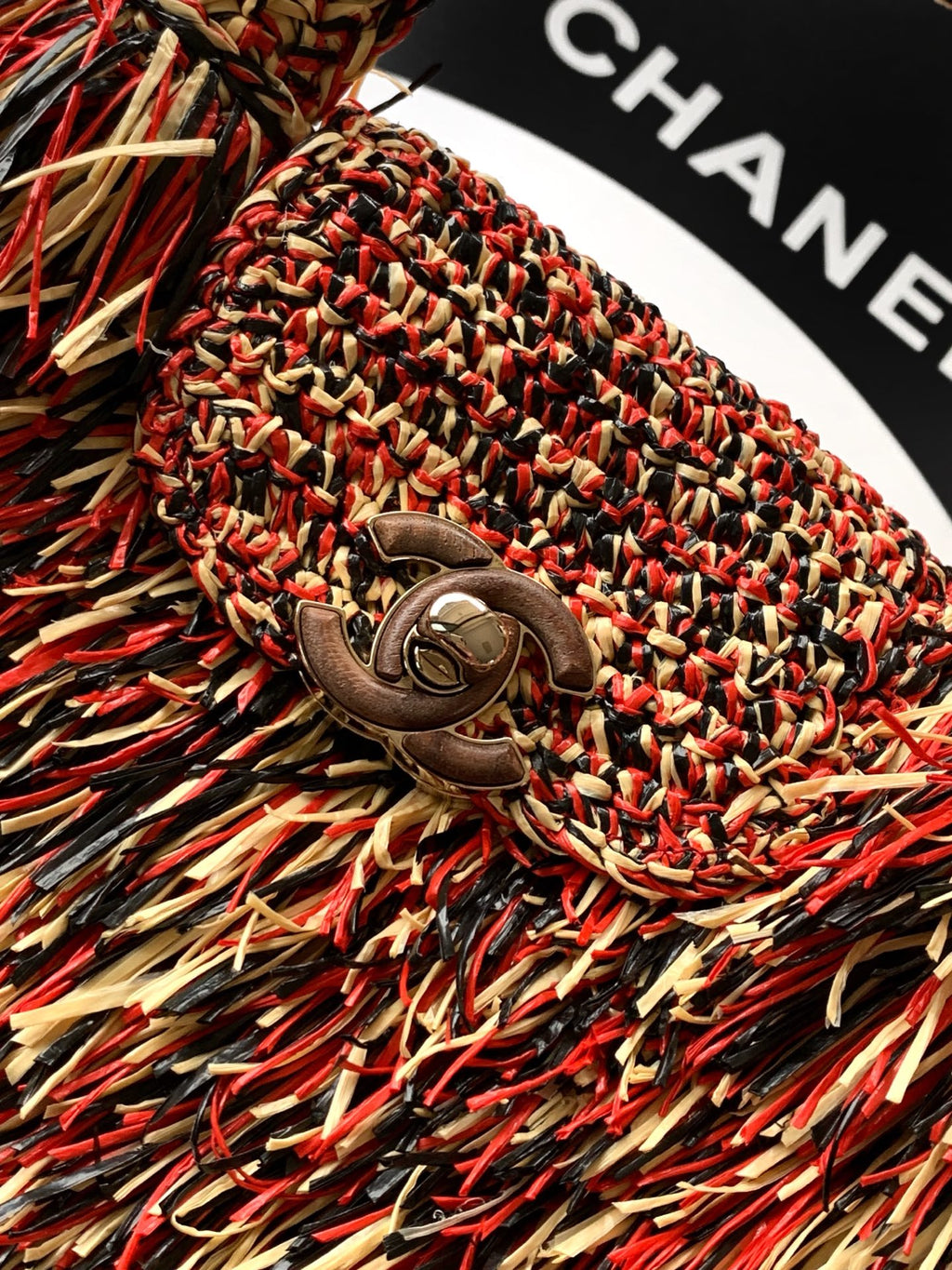 Chanel 26S Multicolor Raffia Crochet Fringe Flap Bag with Top Handle & Aged Gold Hardware