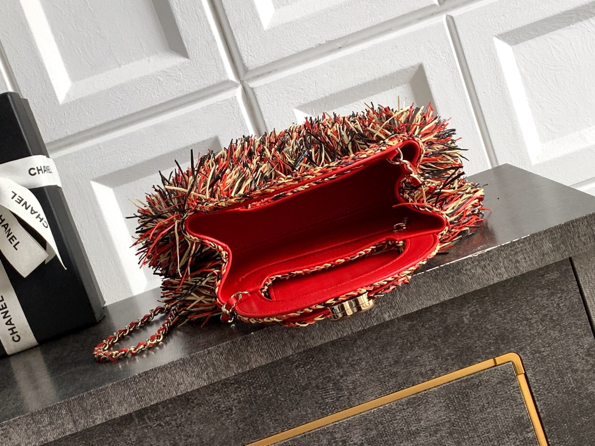 Chanel 26S Multicolor Raffia Crochet Fringe Flap Bag with Top Handle & Aged Gold Hardware