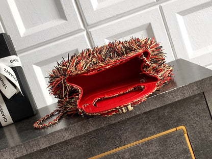 Chanel 26S Multicolor Raffia Crochet Fringe Flap Bag with Top Handle & Aged Gold Hardware