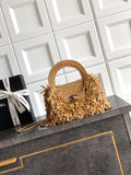 Chanel 26S Natural Beige Raffia Crochet Fringe Flap Bag with Top Handle & Aged Gold Hardware