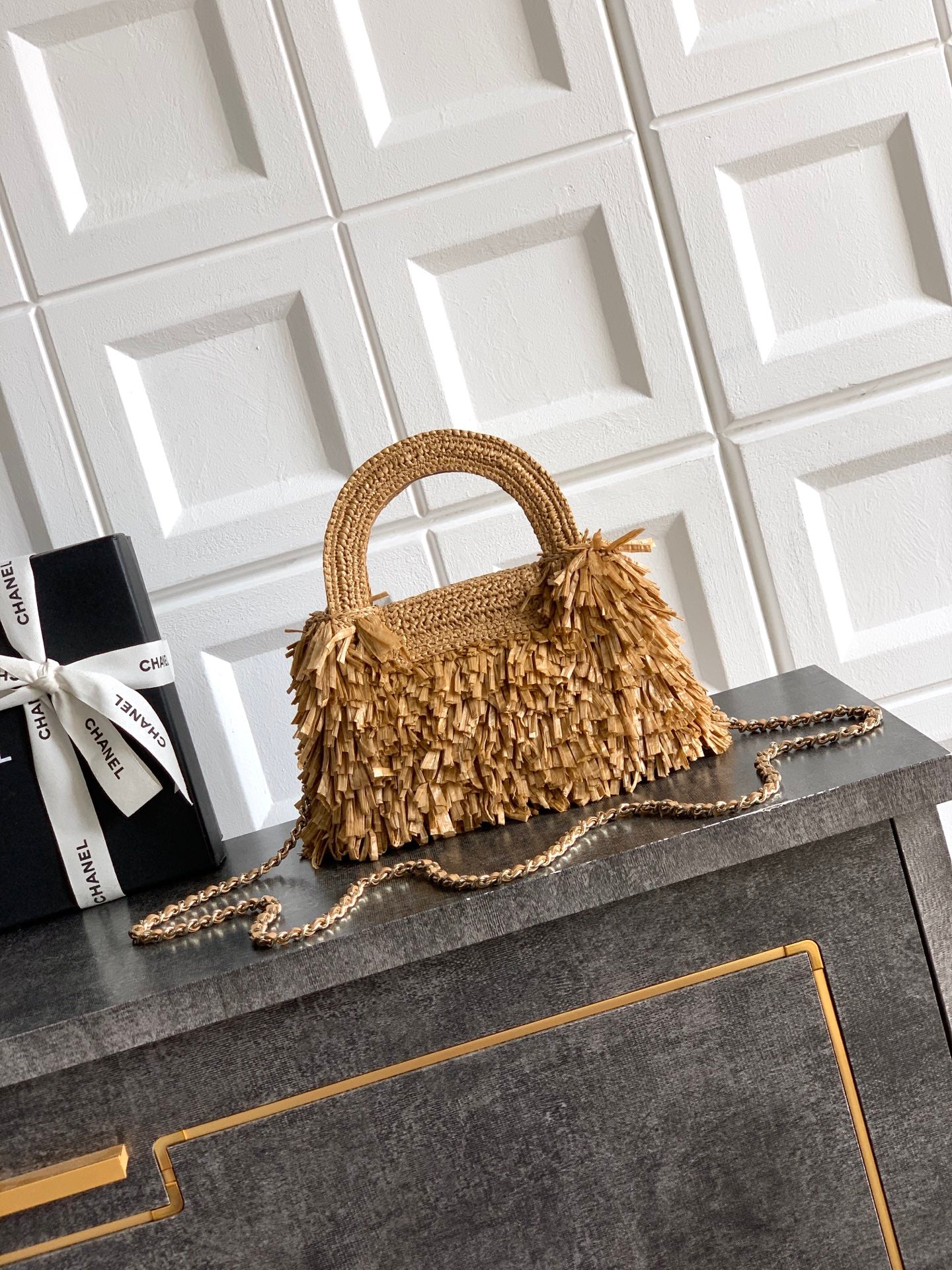 Chanel 26S Natural Beige Raffia Crochet Fringe Flap Bag with Top Handle & Aged Gold Hardware