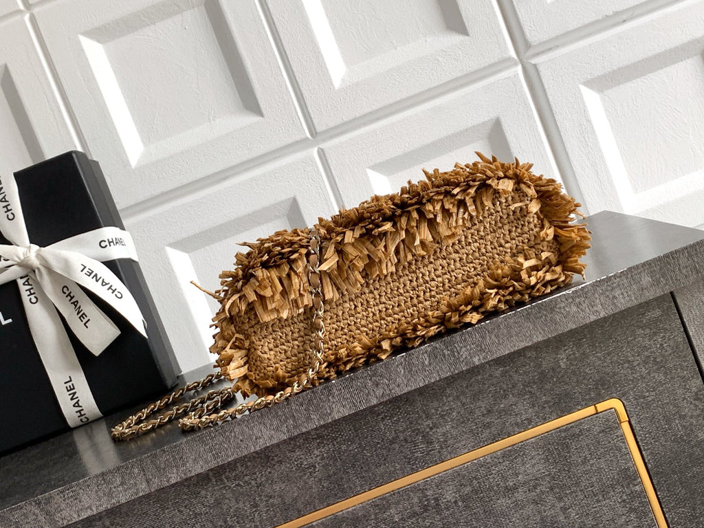 Chanel 26S Natural Beige Raffia Crochet Fringe Flap Bag with Top Handle & Aged Gold Hardware