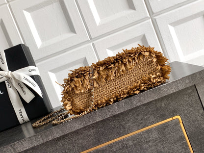 Chanel 26S Natural Beige Raffia Crochet Fringe Flap Bag with Top Handle & Aged Gold Hardware