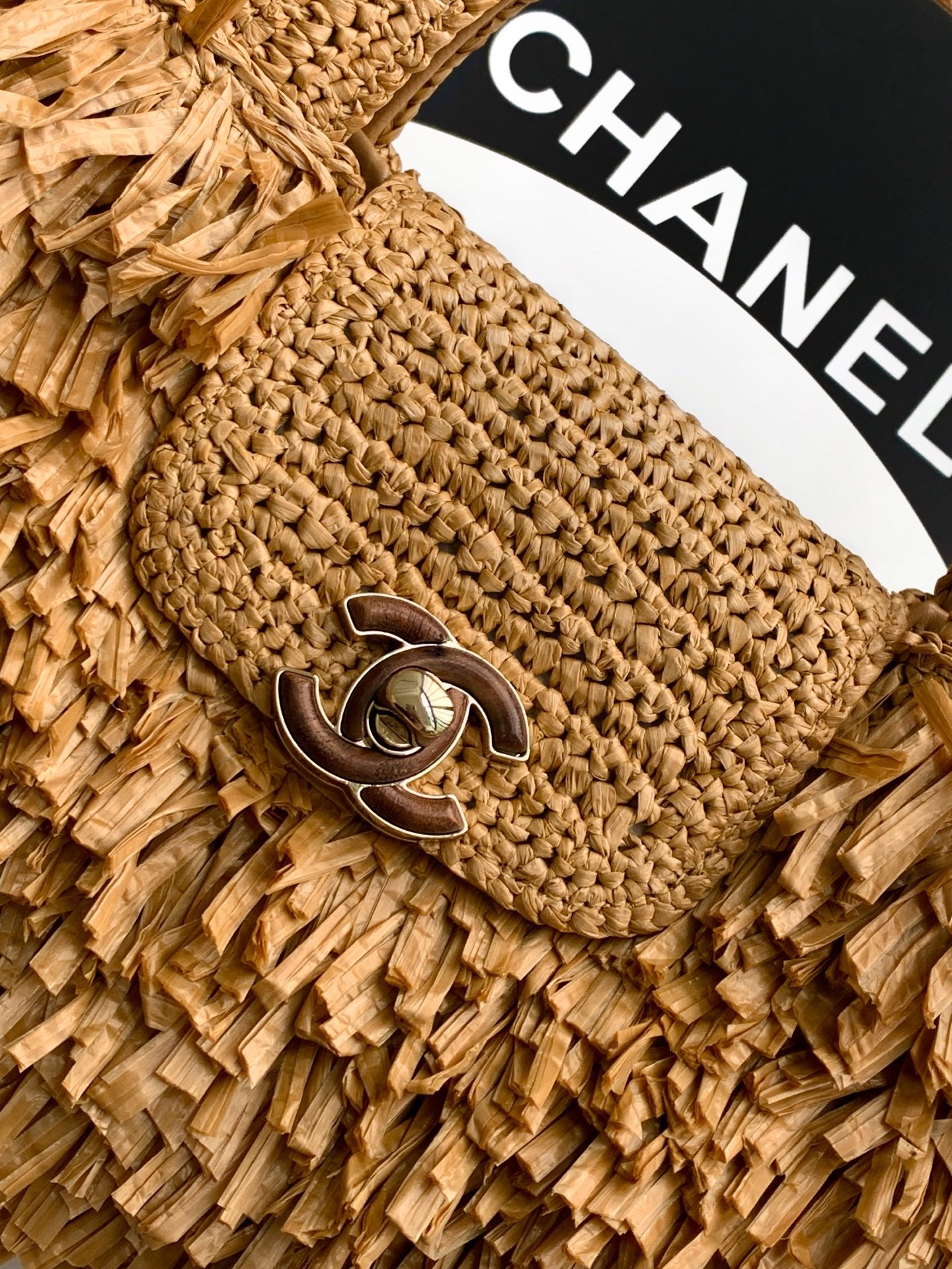 Chanel 26S Natural Beige Raffia Crochet Fringe Flap Bag with Top Handle & Aged Gold Hardware