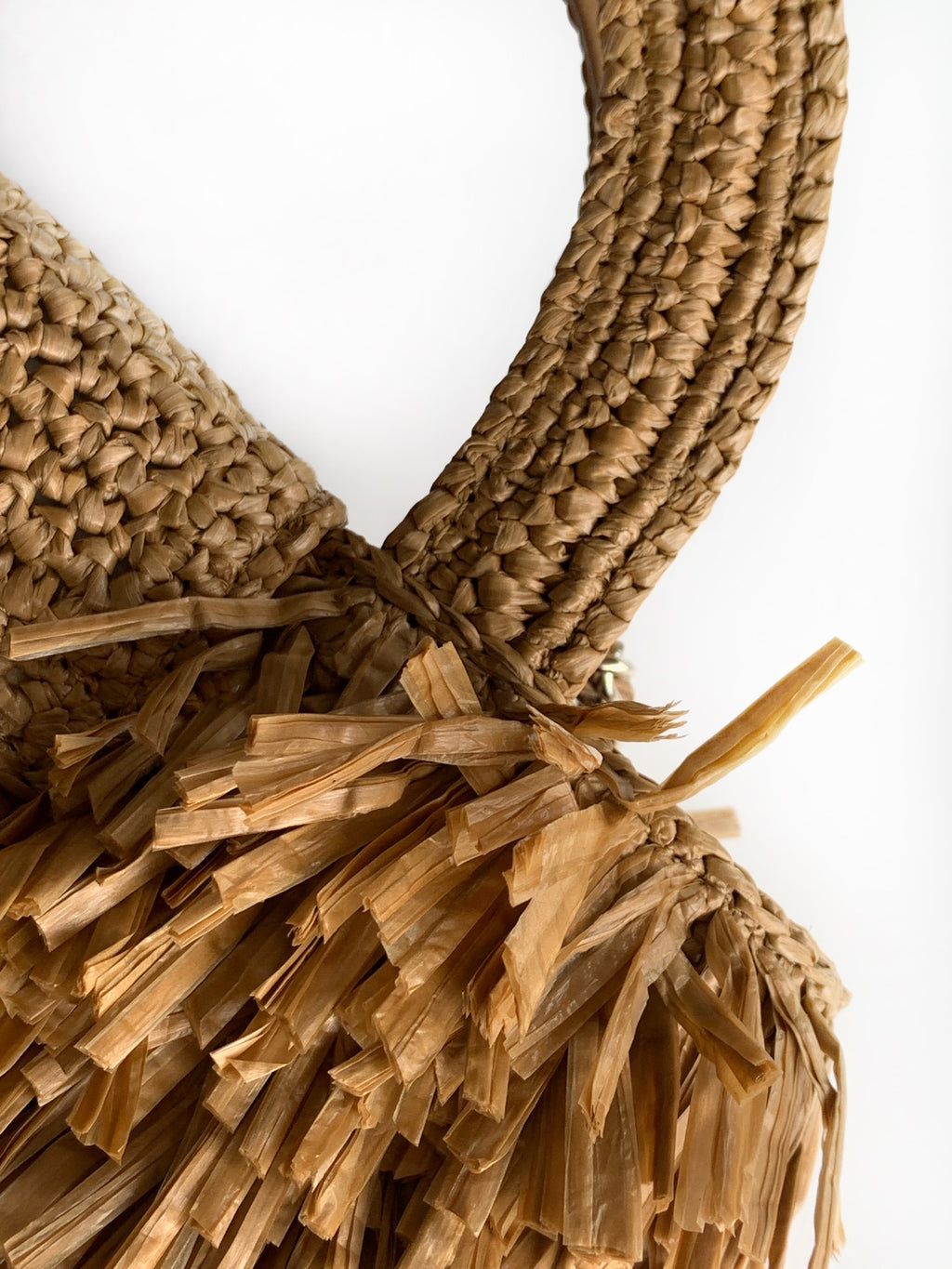 Chanel 26S Natural Beige Raffia Crochet Fringe Flap Bag with Top Handle & Aged Gold Hardware