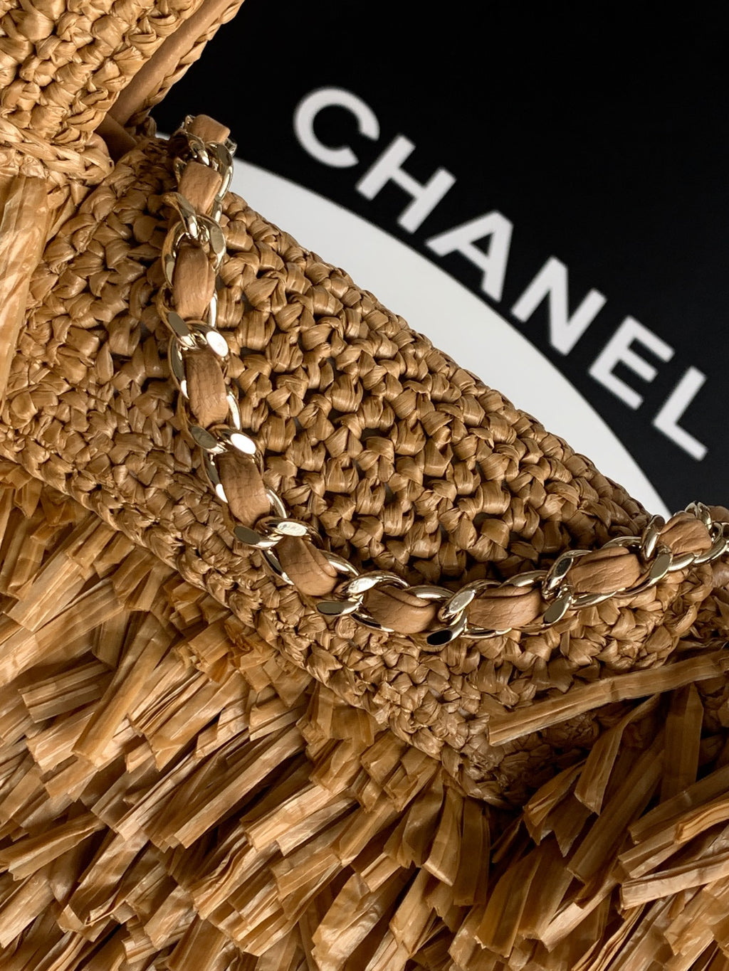 Chanel 26S Natural Beige Raffia Crochet Fringe Flap Bag with Top Handle & Aged Gold Hardware