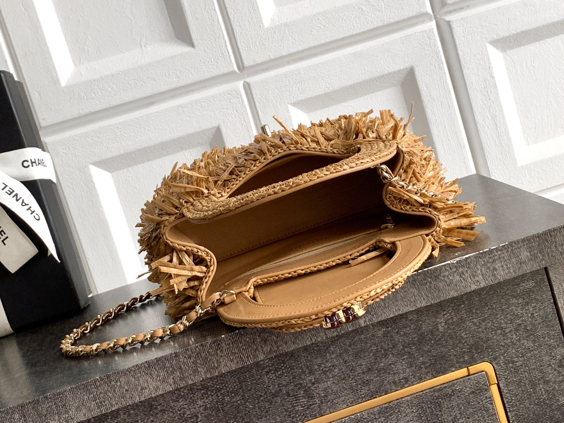 Chanel 26S Natural Beige Raffia Crochet Fringe Flap Bag with Top Handle & Aged Gold Hardware