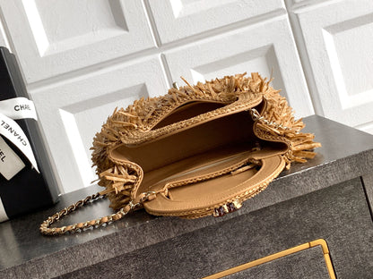 Chanel 26S Natural Beige Raffia Crochet Fringe Flap Bag with Top Handle & Aged Gold Hardware