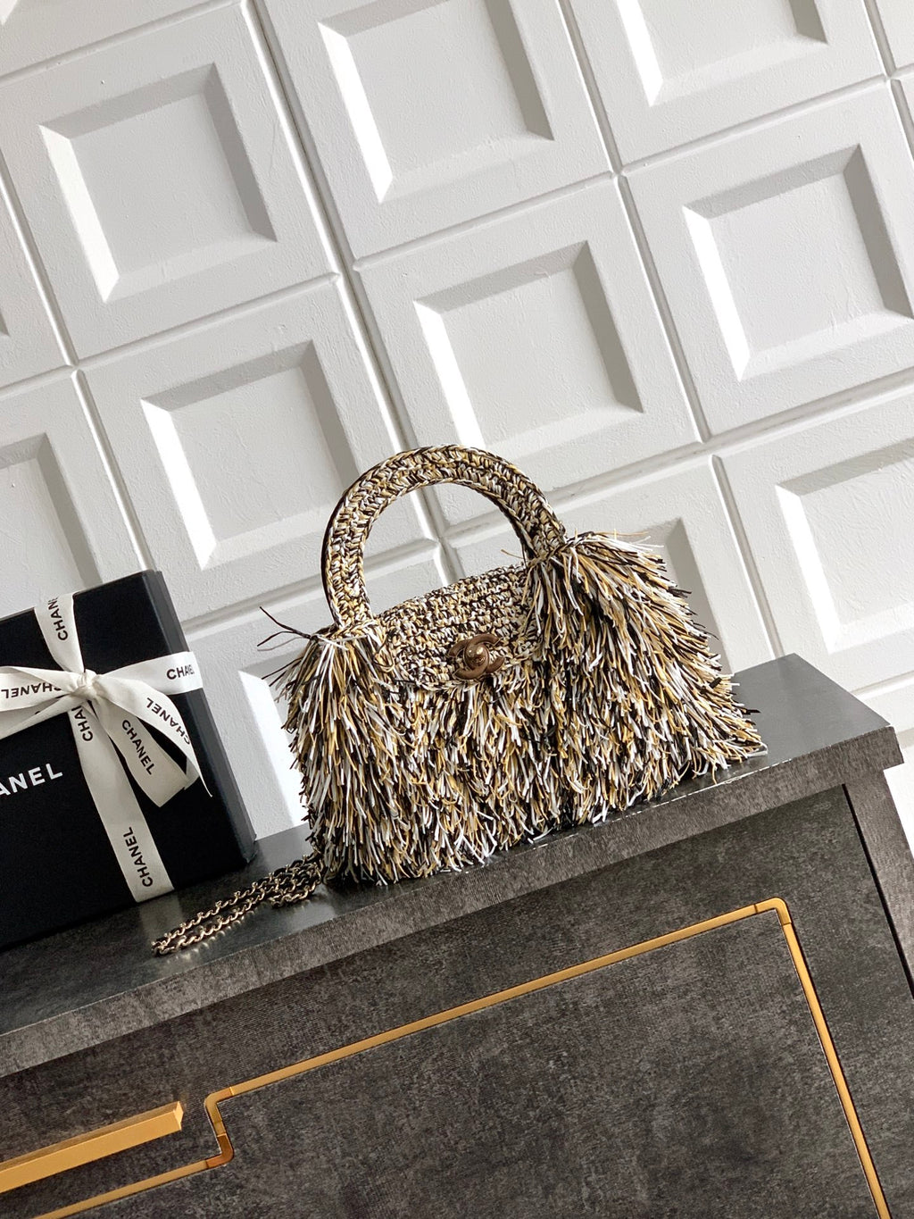 Chanel 26S Black White & Beige Multicolor Raffia Crochet Fringe Flap Bag with Top Handle & Aged Gold Hardware
