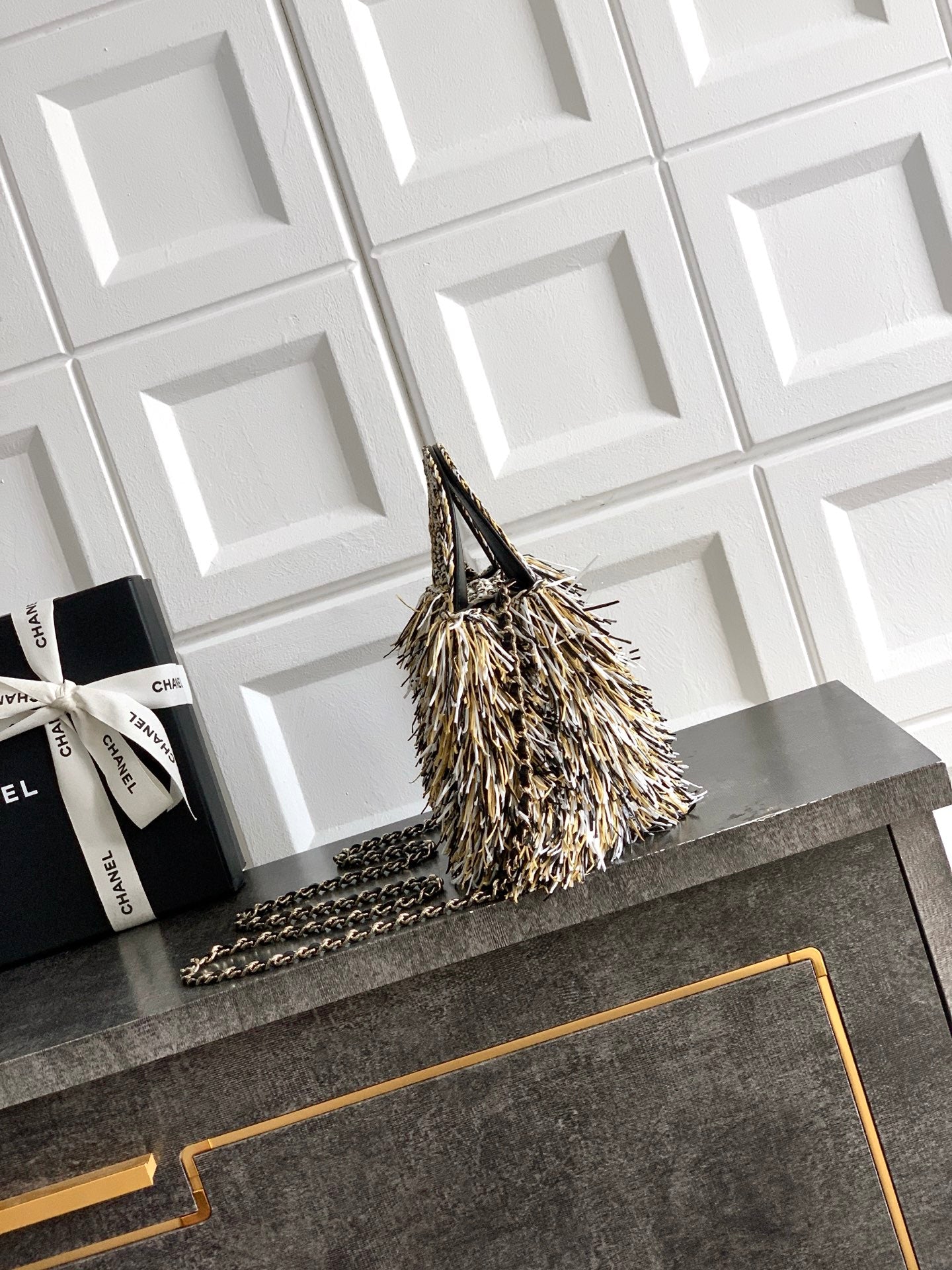 Chanel 26S Black White & Beige Multicolor Raffia Crochet Fringe Flap Bag with Top Handle & Aged Gold Hardware