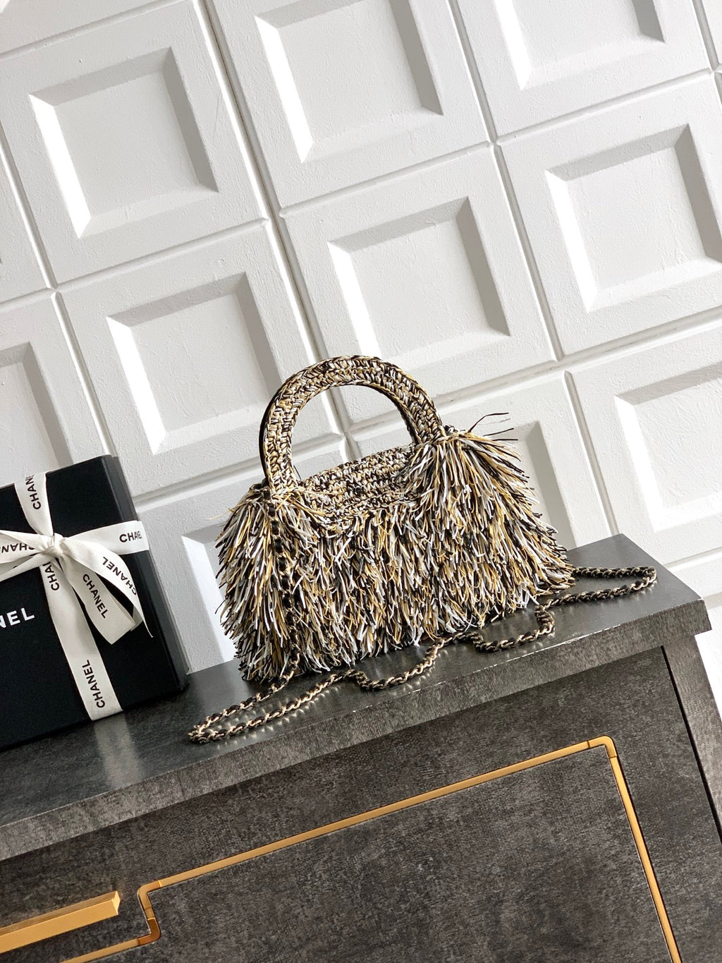 Chanel 26S Black White & Beige Multicolor Raffia Crochet Fringe Flap Bag with Top Handle & Aged Gold Hardware