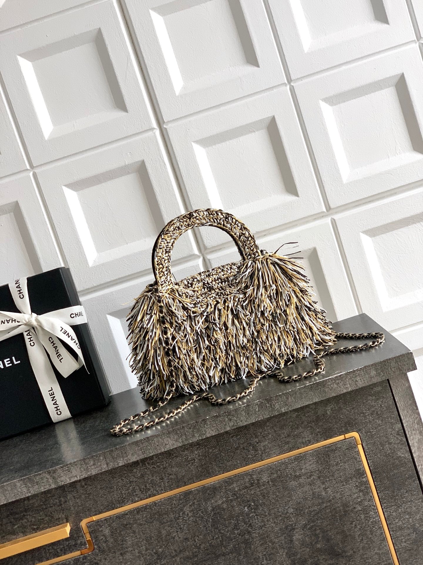 Chanel 26S Black White & Beige Multicolor Raffia Crochet Fringe Flap Bag with Top Handle & Aged Gold Hardware