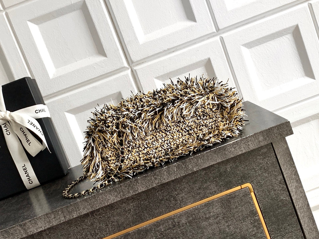 Chanel 26S Black White & Beige Multicolor Raffia Crochet Fringe Flap Bag with Top Handle & Aged Gold Hardware
