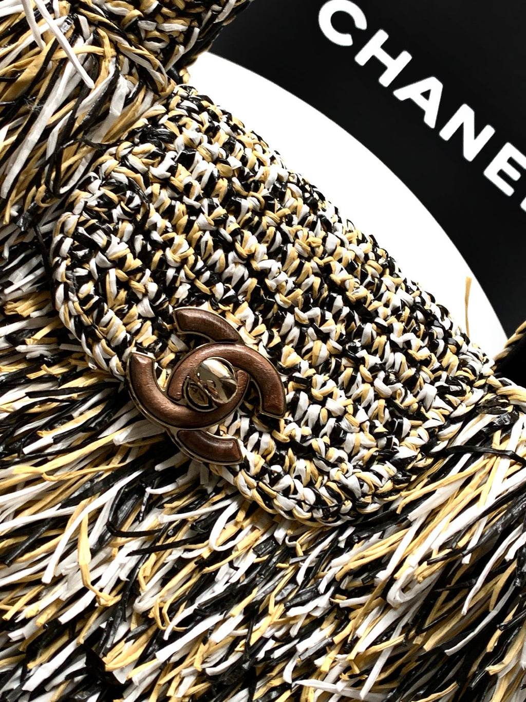 Chanel 26S Black White & Beige Multicolor Raffia Crochet Fringe Flap Bag with Top Handle & Aged Gold Hardware