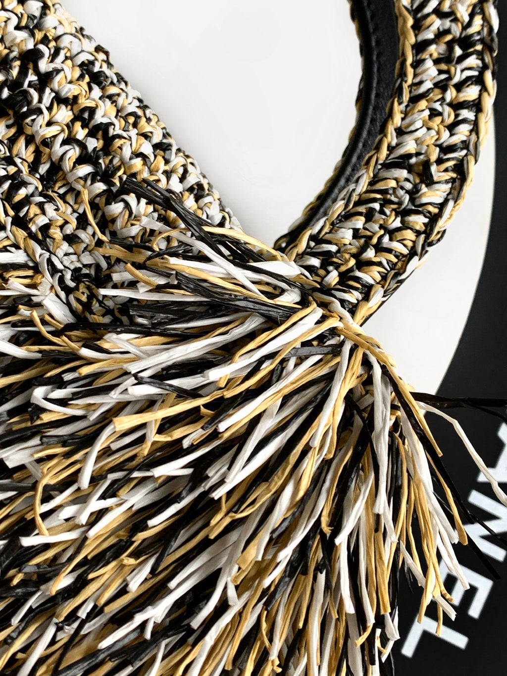 Chanel 26S Black White & Beige Multicolor Raffia Crochet Fringe Flap Bag with Top Handle & Aged Gold Hardware