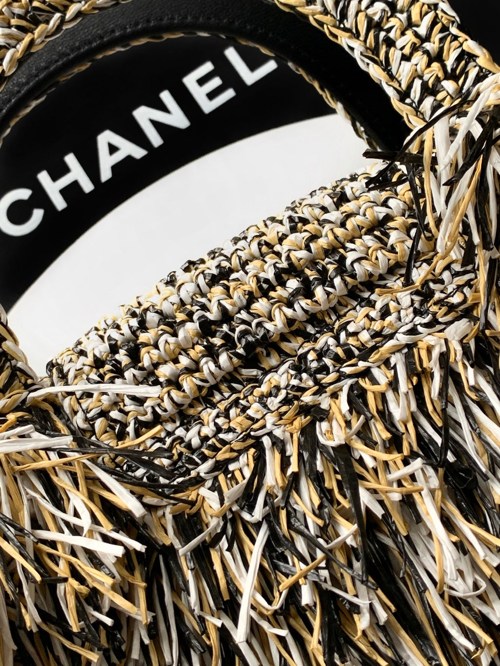 Chanel 26S Black White & Beige Multicolor Raffia Crochet Fringe Flap Bag with Top Handle & Aged Gold Hardware