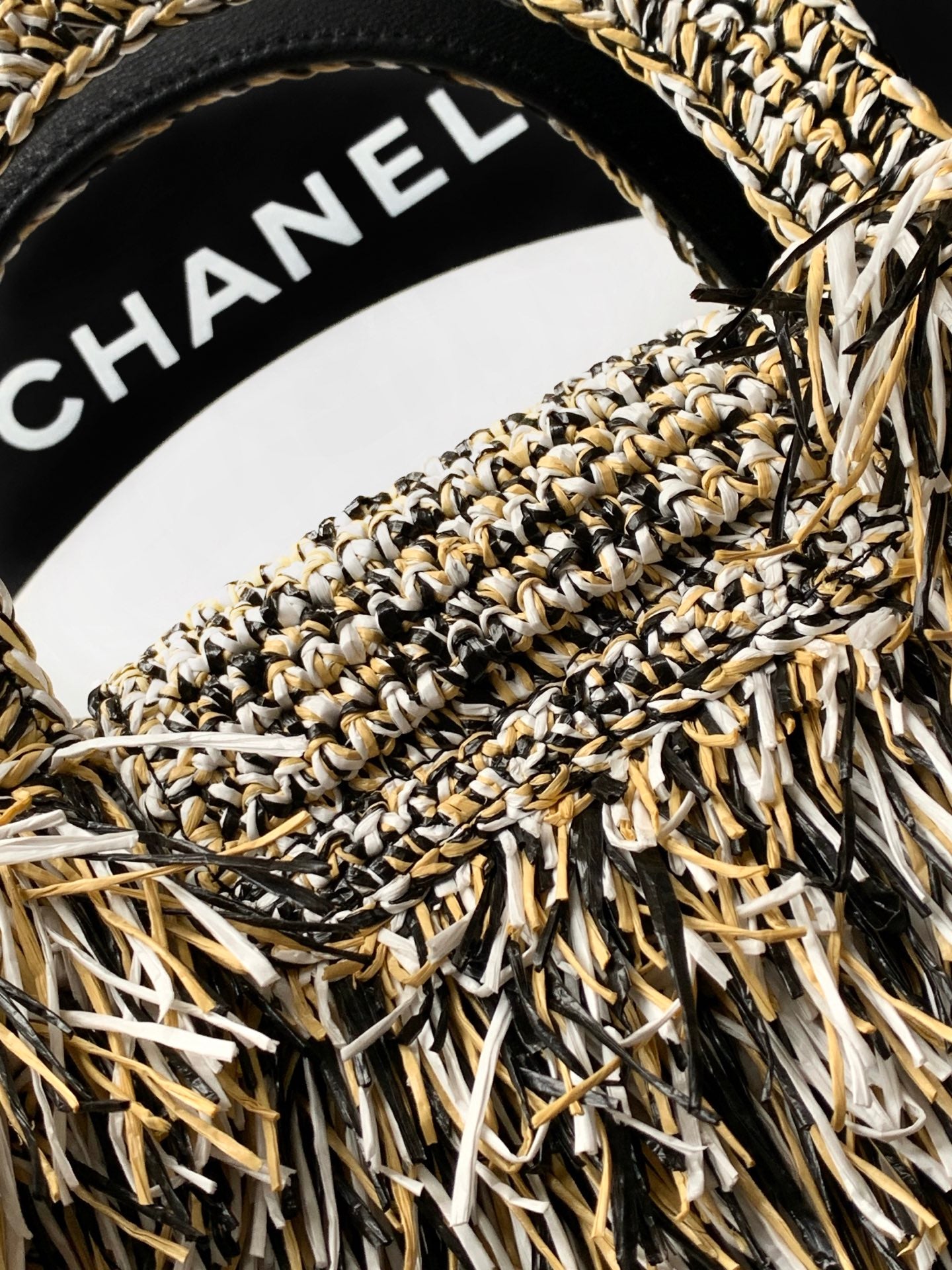 Chanel 26S Black White & Beige Multicolor Raffia Crochet Fringe Flap Bag with Top Handle & Aged Gold Hardware