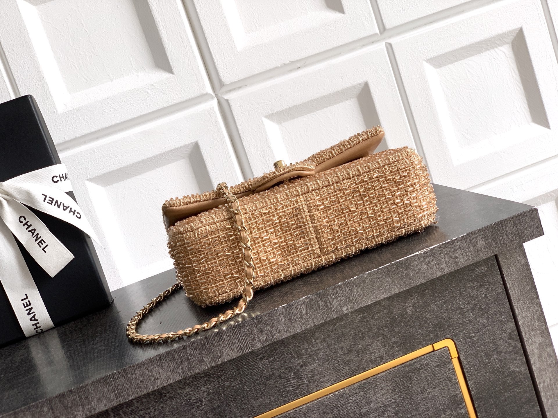 Chanel 26S Metallic Woven Classic Flap Bag — Champagne Gold