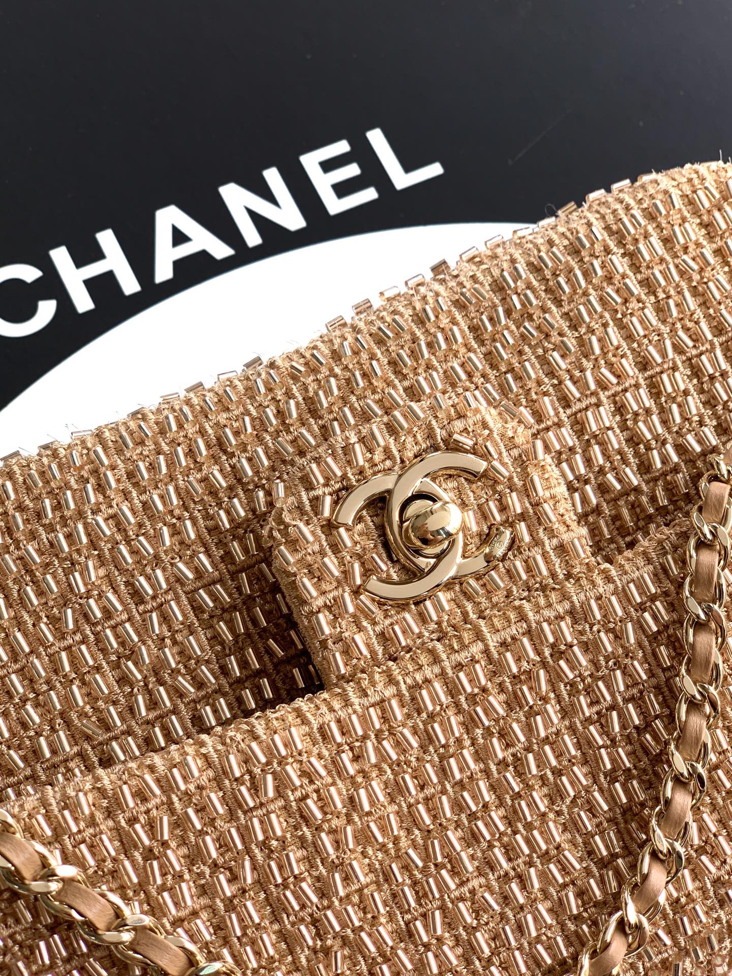 Chanel 26S Metallic Woven Classic Flap Bag — Champagne Gold