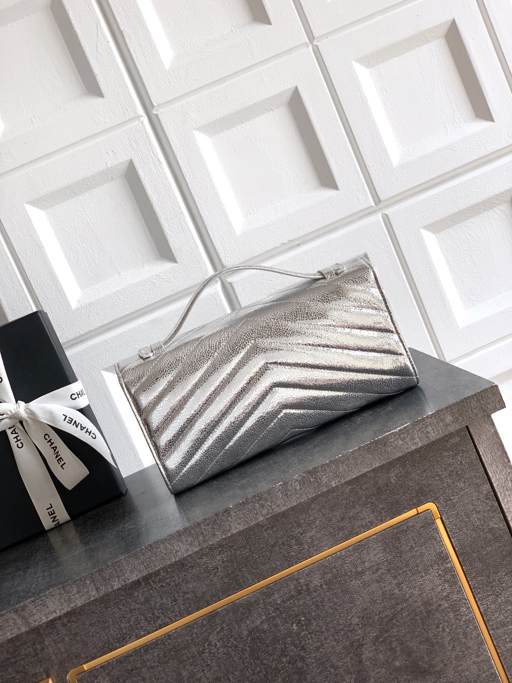 Chanel 26X Luminous Silver Metallic Woven Clutch Bag