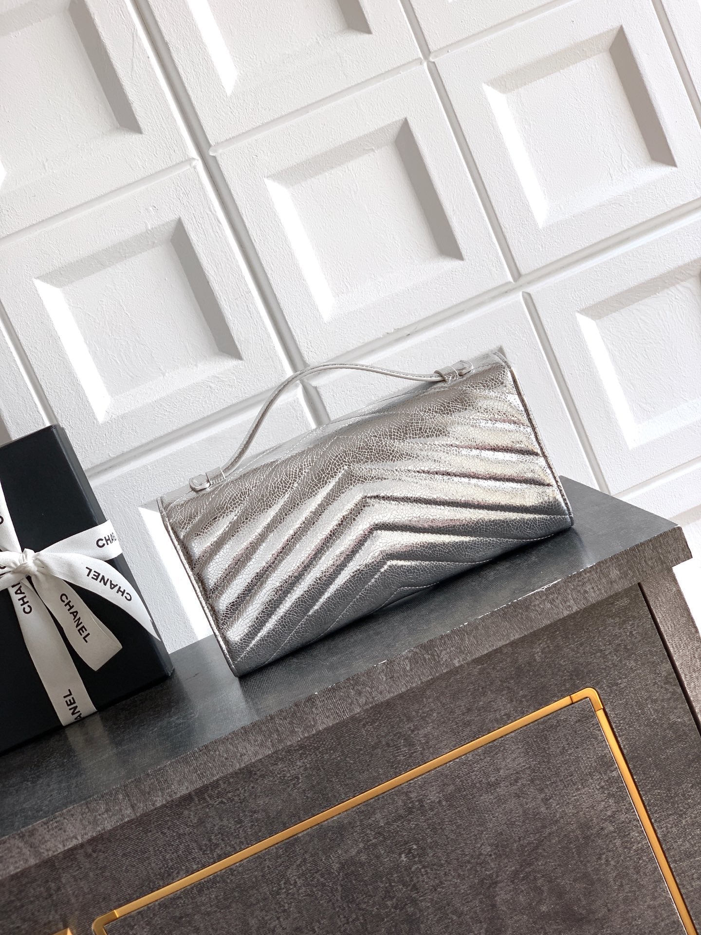 Chanel 26X Luminous Silver Metallic Woven Clutch Bag