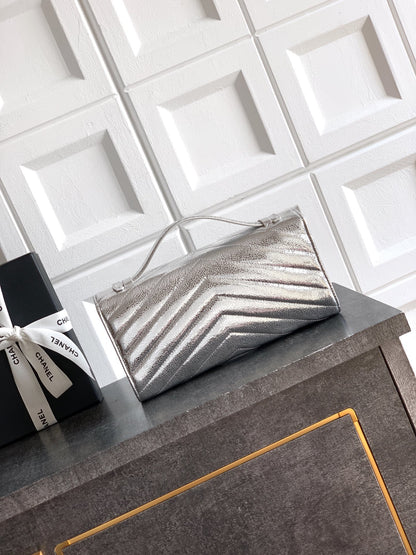Chanel 26X Luminous Silver Metallic Woven Clutch Bag