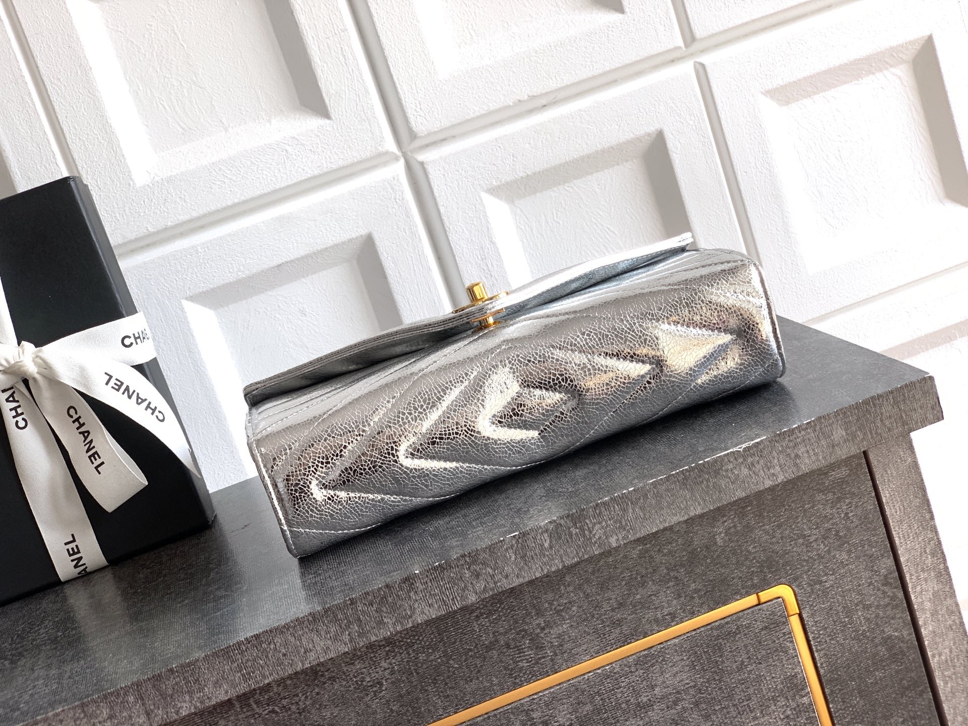Chanel 26X Luminous Silver Metallic Woven Clutch Bag