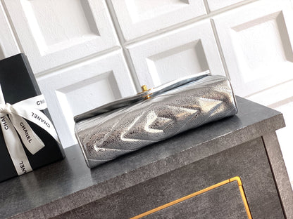 Chanel 26X Luminous Silver Metallic Woven Clutch Bag