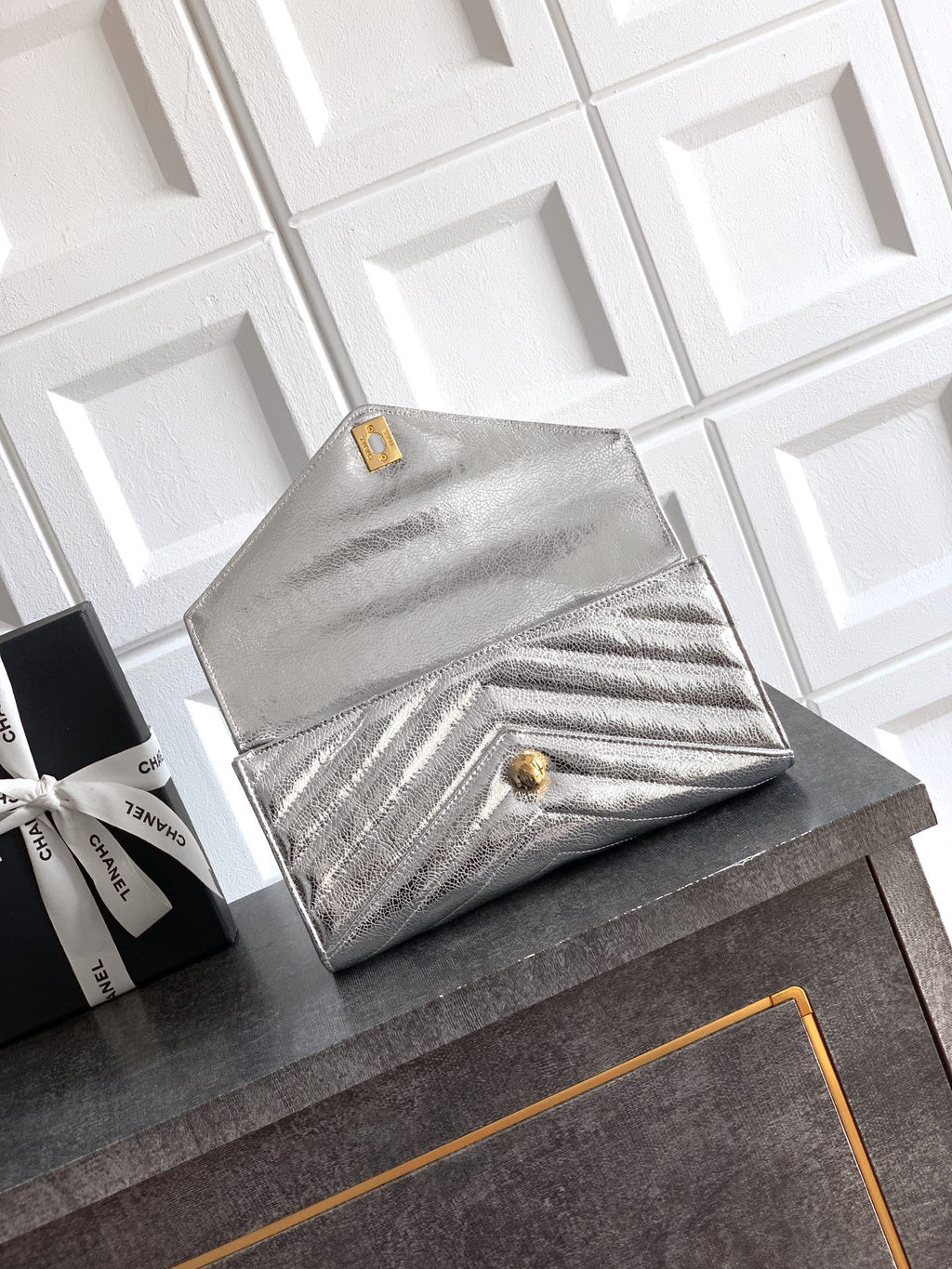 Chanel 26X Luminous Silver Metallic Woven Clutch Bag