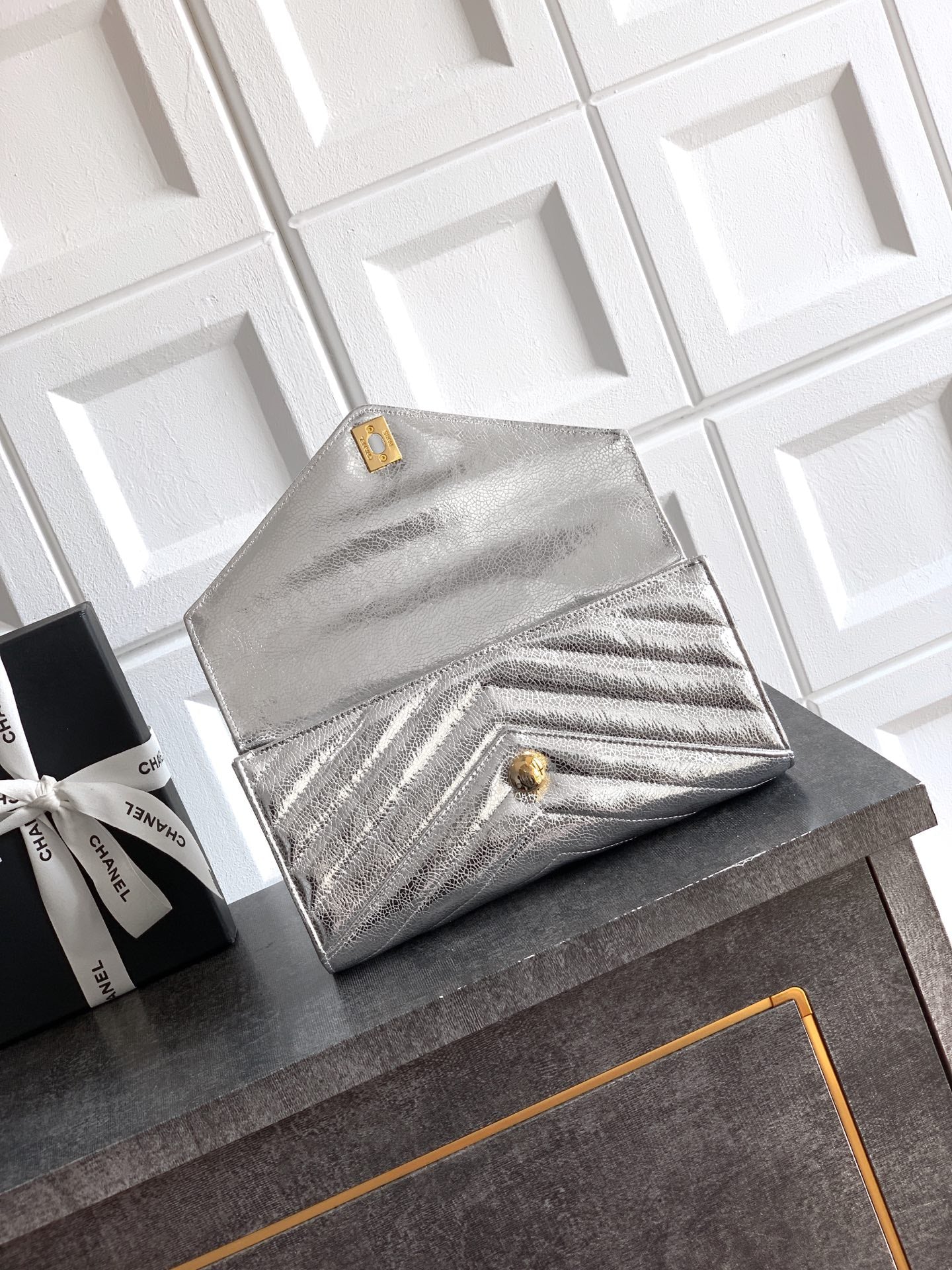 Chanel 26X Luminous Silver Metallic Woven Clutch Bag